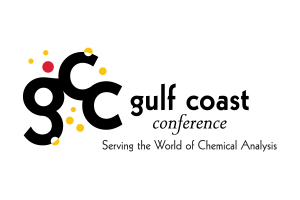 The letters "GCC" surrounded by various sizes of red and yellow circles with the text: gulf coast conference; serving the world of chemical analysis.