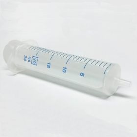 Clear plastic syringe with markings up to 24 mL
