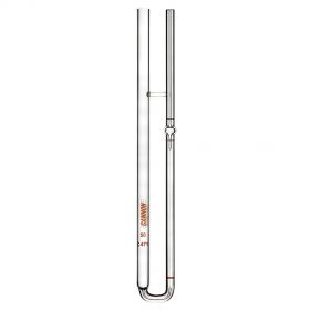 U-Shaped glass tube, left side wider, right side thinner with one bulb